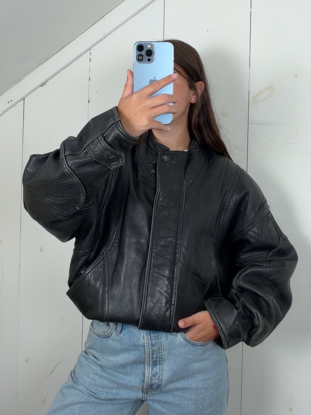 Vintage Pelle Studio Black Leather Distressed Patina Bomber Jacket Men’s M 90s
